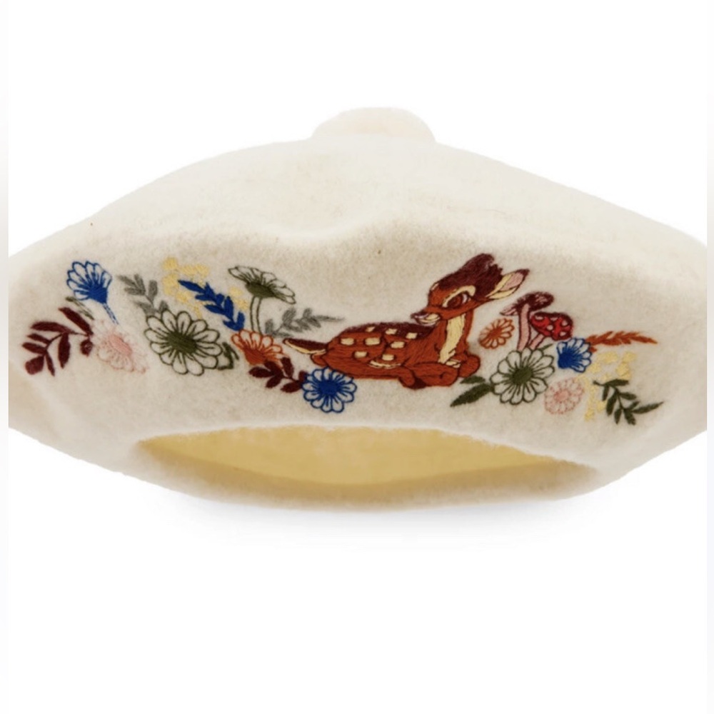 Cream Embroidered Deer Floral Wool Beret - Women Accessories